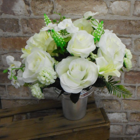 Artificial Flowers Filled Grave Pot White and Green Memorial Flowers